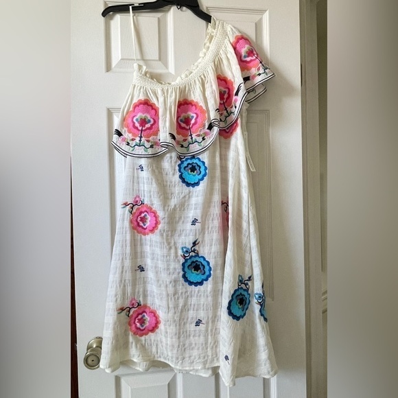 Anthropologie One Shoulder Sundress Ruffles Embroidered Floral Tan Pink Size S - Picture 5 of 13